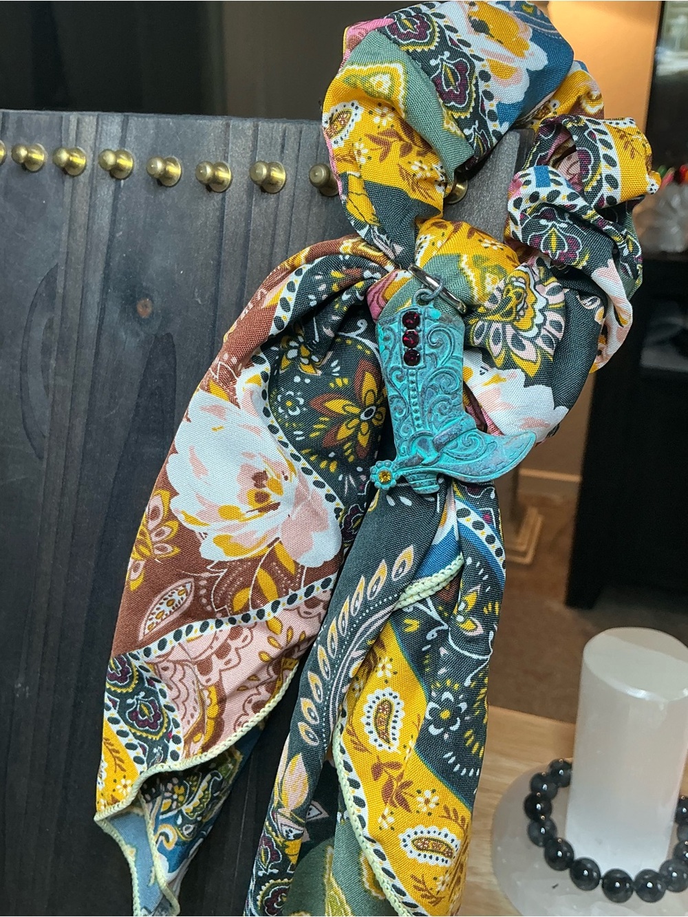 Scarf Scrunchie with Teal Cowboy Boot Charm